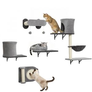 Image de Pawhut Étagères murales pour chat - arbre à chat mural - 5 pièces, 2 niches, hamac, plateformes, griffoirs en sisal - gris
