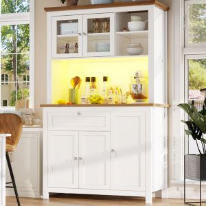 Buffet de cuisine avec lumière led, Meuble Cuisine Haut, Compartiments Ouverts, Blanc
