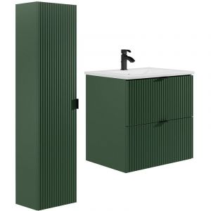 Meuble de salle de bain suspendu stri&eacute; avec vasque &agrave; encastrer et colonne - Vert mat - 60 cm -ZEVINI