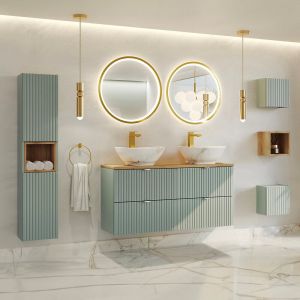 Ensemble meuble double vasque 120cm 4 tiroirs colonne et 3 armoires murales Jade Vert et Bois