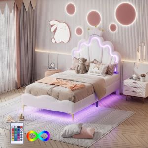 Lit simple 90x200cm - lit princesse led avec sommier à lattes et tête de lit en forme de couronne - en cuir pu blanc