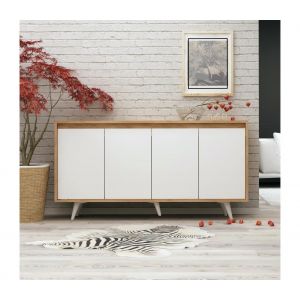 Image de Cotecosy Buffet haut 4 portes Ophixis 140cm Bois Blanc et Chêne - Blanc / Chêne