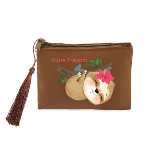 Porte monnaie et porte cles marron Taperso avec motif paresseux facon kawaii personnalisable