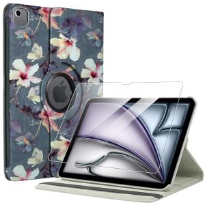 Coque + Verre Trempé Pour Ipad Air 11 Pouces 2025/2024 M3/M2, Protection Etui Rotatif 360° - Motif Fleur