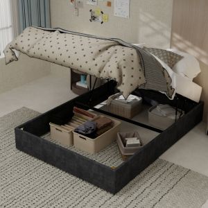 Lit coffre adulte 140x200 cm, lit double capitonn&eacute; avec sommier relevable hydraulique, sans t&ecirc;te de lit ni matelas, rev&ecirc;tement velours, gris