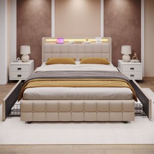 Lit 180x200 cm avec tiroir, lit adulte led, lit capitonné beige avec fonction de chargement usb, cadre de lit avec 4 tiroirs, sans matelas