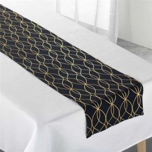 Nappe blanche 140 x 250 cm + Chemin de table noir motifs dorés Blanc
