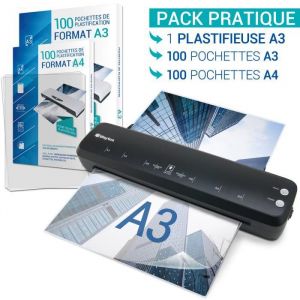 Waytex Plastifieuse A3 A4 A5 A6 A7 Pro Rapide à Chaud et à Froid jusqu’à 2x125 microns pour Usage Bureau ou Maison Pack avec 100 Pochettes A4 + 100 Pochettes A3