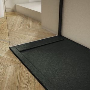 Stano Receveur de douche 80x100cm extra plat RIBERA en résine surface ardoisée noir Grille noire