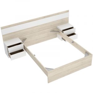 Tête de lit avec 2 tables de chevet, Structure de lit 140x190 cm coloris chêne naturel, blanc - longueur 248 x profondeur 195 x hauteur 96 cm