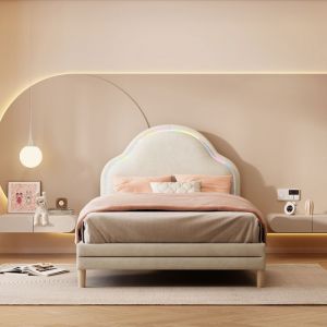 Lit simple enfant 90x200 avec tête de lit en forme de nuage et bande led, beige