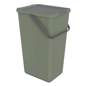 Sundis Loops, poubelle de tri sélectif d’intérieur 32L, rectangulaire, en plastique recyclé vert, avec couvercle, poignée, anse et stickers, pour cuisine, cantine, restaurant, salle de pause