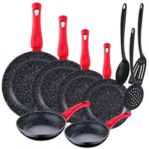 San Ignacio Lot de 6 poêles Energy Ø 18/20/22/24/26/28 cm, aluminium forgé, noir + lot de 3 ustensiles de cuisine en nylon