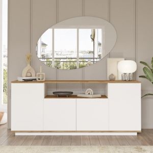 Buffet 4 portes battantes et 1 niche Pino Bois clair et Blanc
