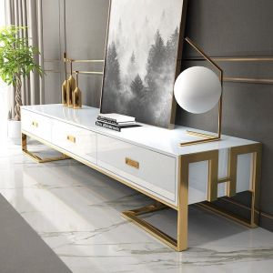 Meuble TV blanc avec tiroirs or laqué Luxuria