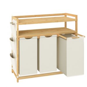 Songmics Panier à Linge, avec 3 Compartiments, Corbeille à Linge Sale, en Bambou, Capacité de 150 Litres, avec Étagère, Poches Latérales, 3 x 50 l, 94 x 33 x
