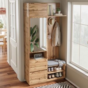 Ensemble vestiaire d'entrée 90x34.5x190cm - Meuble à chaussures et un banc - Miroir et crochets - 2 portes et 1 tiroir - Naturel