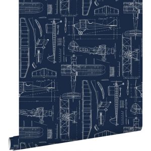 Estahome - papier peint dessins de construction d'avions bleu fonc&eacute;