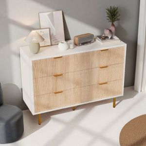 Commode - 6 tiroirs - Bicolore blanc et bois clair - Tiroirs profonds vein&eacute;s - Poign&eacute;es et pieds dor&eacute;s