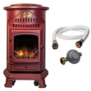 Universal Poele à gaz 3,4 KW Rouge Effet poêle à bois Fonte véritable + Tuyau gaz + détendeur butane Provence