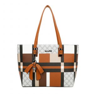 Sac Cabas pour Femme &agrave; Carreaux avec N&oelig;ud Breloque D&eacute;coratif Gallantry Marron