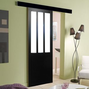 Porte Coulissant Atelier Noir Vitrée H204 x L93 + Rail alu Bandeau Noir GD MENUISERIES