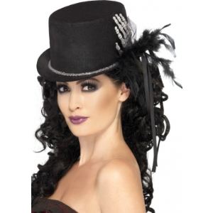 Chapeau haut de forme noir avec main squelette et plumes Halloween