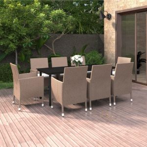 VidaXL Ensemble &agrave; d&icirc;ner de jardin coussins 9 pcs R&eacute;sine tress&eacute;e Verre - Beige