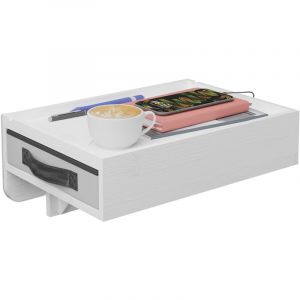 Image de Relaxdays &Eacute;tag&egrave;re de lit, en bambou, tiroir, emplacement pour boisson, &agrave; suspendre HxLxP : 14 x 37 x 26,5 cm, blanche