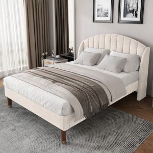 Wishdor - Lit adulte 160x200 cm, lit adolescent, lit capitonn&eacute; beige avec pieds en bois, en velours, sans matelas