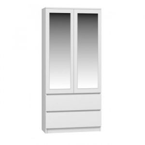 Turin - Armoire 2 portes avec miroir style moderne chambre à coucher - 90x50x180 - 2 tiroirs Blanc mat - Blanc mat