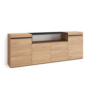 Skraut Home | Buffet Salon et Cuisine | Meuble de Rangement, Commode | 200x75x35cm | 4 Portes | Meuble Chaussure | Style Moderne | Chêne et Noir