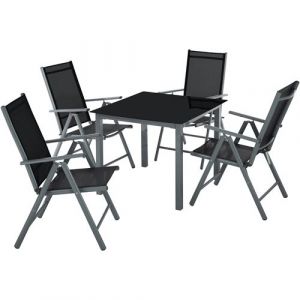 TecTake Salon de jardin aluminium 4 places - mobilier de jardin, meuble de jardin, ensemble table et chaises de jardin - gris fonc&eacute;
