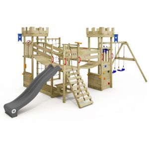 Wickey Tour de jeux Smart Arch avec filet d'escalade et ponts suspendus, château fort, grand bac à sable, comptoir de jeu, table de pique-nique, mur