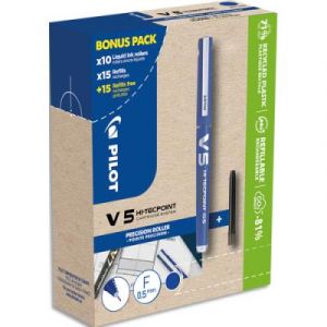 Pilot Greenpack Hi-Tecpoint V5 - Stylo roller rechargeable pointe fine 0,5 mm - Bleu - Pack de 10 + 30 recharges