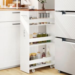 Chariot de Cuisine &Eacute;troit 20 CM COSTWAY &agrave; 4 Niveaux, Station de Recharge, Roues Verrouillables, Garde-Corps, Comptoir Noyer, Blanc