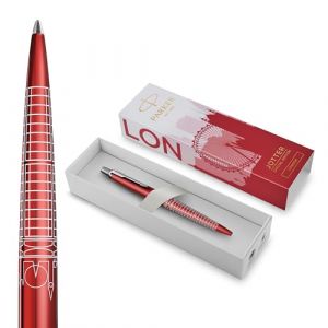 Parker Stylo bille Jotter | Édition spéciale | Rouge Londres avec finition chrome | Pointe moyenne | Encre bleue | Coffret cadeau géométrique