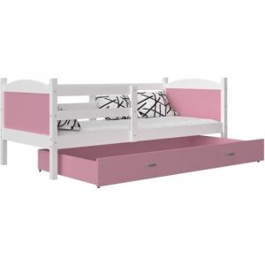 LIT ENFANT MATEO 190x90 BLANC + ROSE couleurs MDF livr&eacute; avec sommier, tiroir et matelas en mousse de 7cm OFFERT