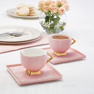 Karaca Art Déco Rose 4 pièces Pour 2 personnes Set de tasses à moka et à expresso Set de tasses à café Soucoupe, Tasse à moka robuste, Bord épais pour boire, Set à expresso en porcelaine