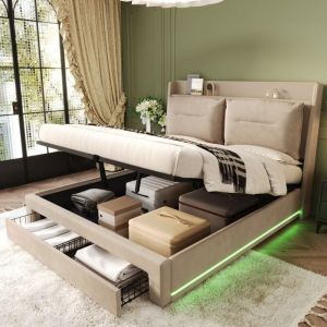 Lit coffre avec tiroirs, lit double led, velours, sans matelas, lit adulte, beige, 180x200cm