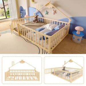 Lit cabane enfant 140x190 cm - avec barri&egrave;res de s&eacute;curit&eacute; - bois massif - naturel (sans matelas)