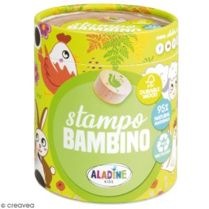 Aladine Tampons Enfants Stampo Bambino - Coffret 8 Tampons Support Bois Durable Label FSC + Encreur Noir - Loisirs Créatifs dès 3 ans - Thème Ferme