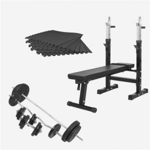 Gorilla Sports Set complet d'haltères 100 kg avec banc de musculation et tapis de protection du sol Noir