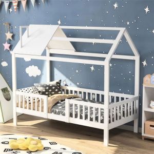 Lit cabane 90x200cm, lit enfant en forme de maison avec sommier à lattes et toit acvec décor cheminée, antichute, pin, blanc