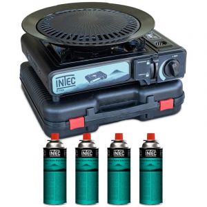 Intec Réchaud gaz portable 2200W + Plaque Grill Barbecue + 4 Cartouches gaz Camping Mallette