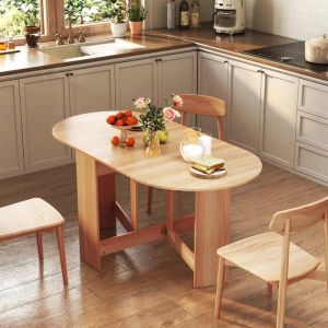 COSTWAY Table Extensible Salle à Manger pour 4-7 - Convertible avec 2 Rallonges Semi-ovales et Base en Croix 163 x 80 x 75CM Naturel