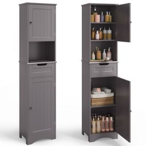 Colonne Salle de Bain Bealife Meuble Rangement Gris sur Pied Armoire Haute 2 Portes 1 Tiroir 5 Étagère Réglable