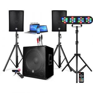 PACK SONO DJ ENCEINTE +CAISSON DE BASSES USB Bluetooth +PIEDS +CABLES HP/PC offerts, 4 PAR LED, TR&Eacute;PIED, T&Eacute;L&Eacute;COMMANDE, PLUG&PLAY
