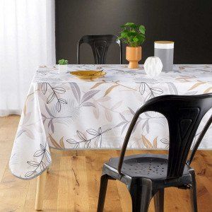 Nappe antitac rectangulaire 150x240 cm Feuillage beige, gris et blanc Blanc 150 x 240