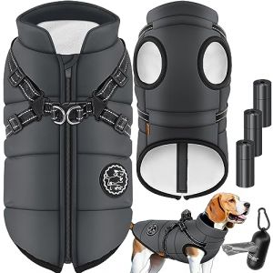 Lovpet Manteau pour Chien avec Harnais, 45 Sacs à déjections Canines + Distributeur, Gilet d'hiver doublé imperméable, Gilet rembourré avec Sangle de Poitrine, réflecteurs, Anneau en D, Taille 5XL,